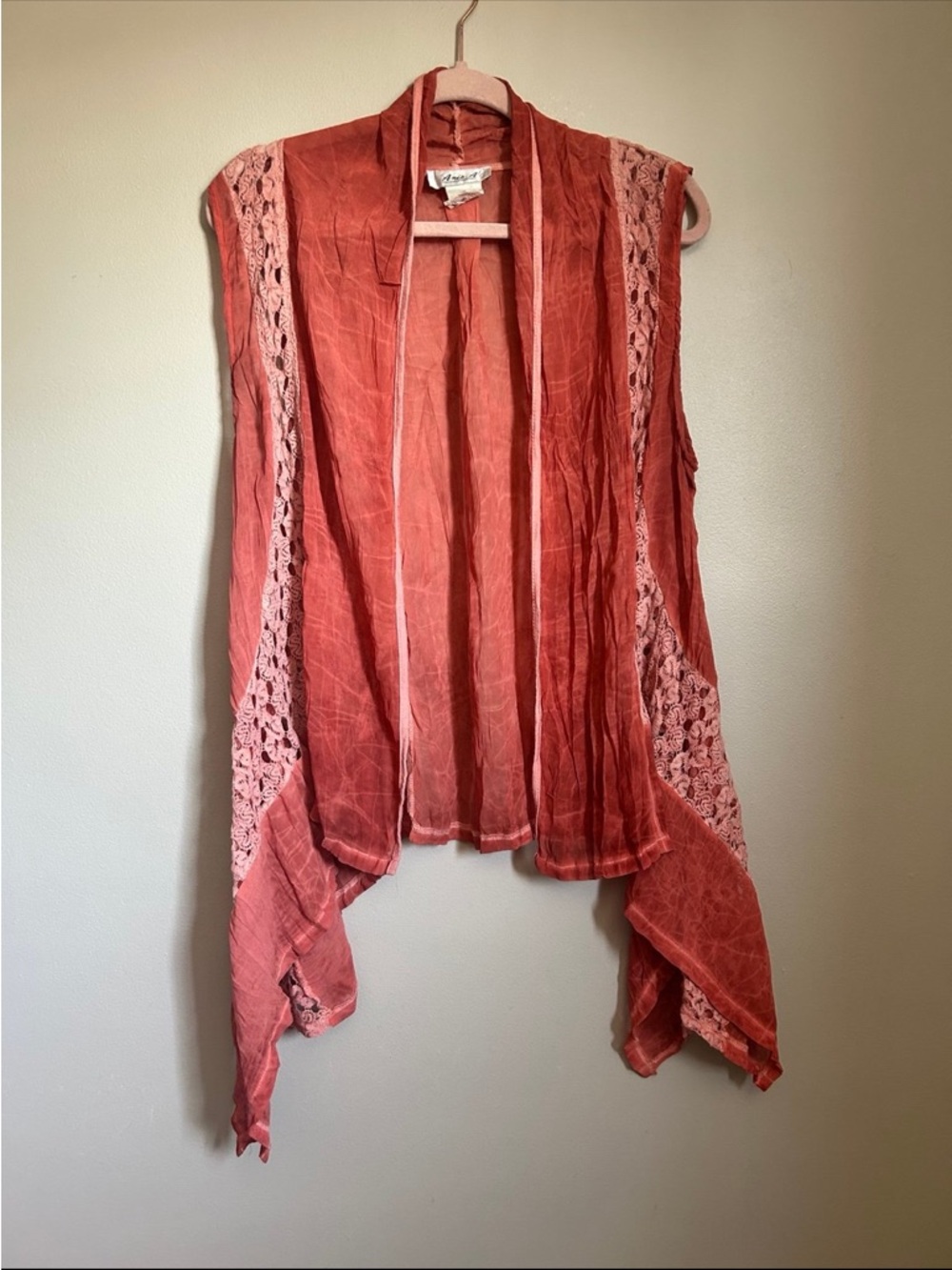 Boho Lace-Trim Sleeveless Drape Vest - Rust Pink
